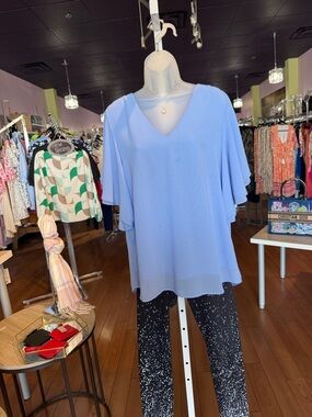 Zenana Outfitters Light Blue V-Neck Flutter Sleeve Blouse